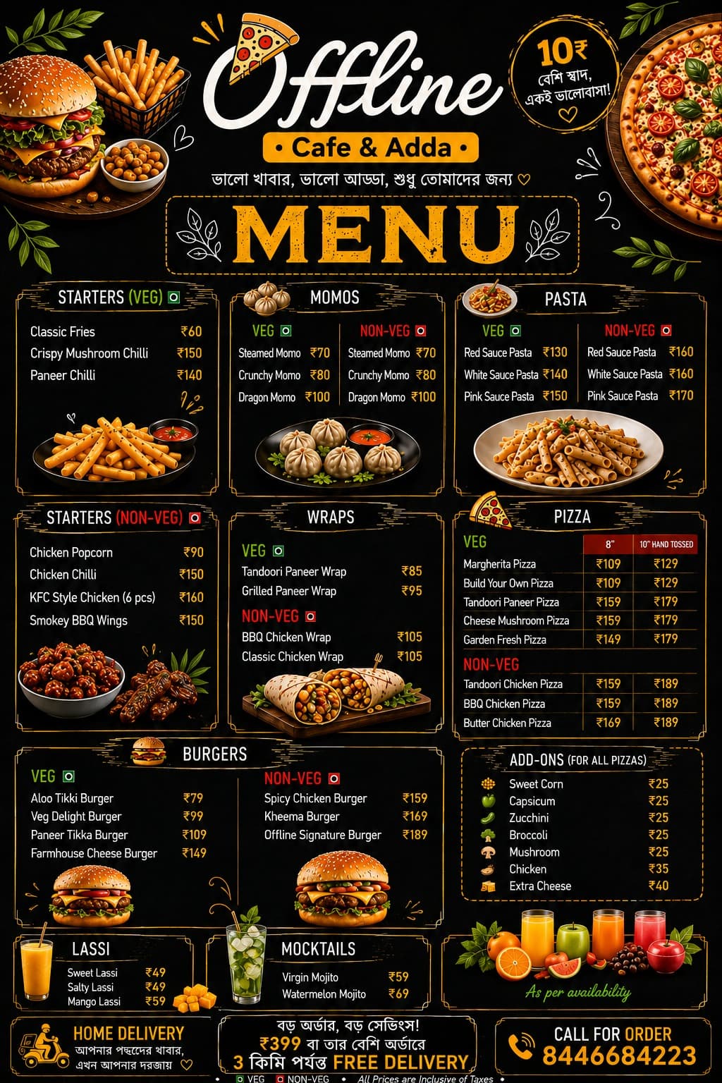 The printed Offline Cafe & Adda menu board